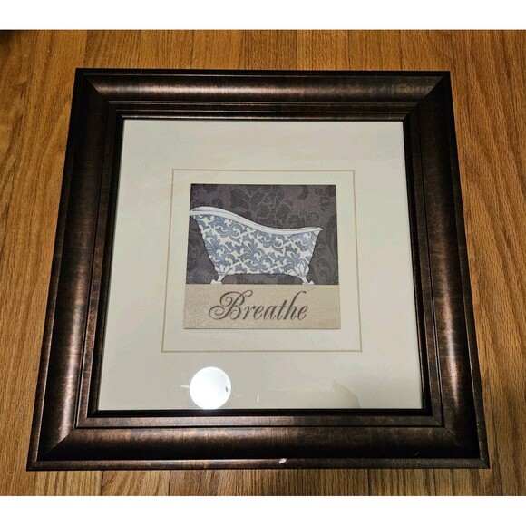 Blue & White Fleur De Lis French Bathtub Breathe Print Matted & Framed 15"x15" - Picture 2 of 9